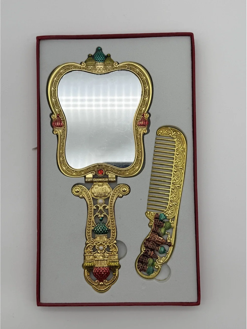 Fine Craftsman Family Ornament Vintage Metal Handheld Makeup Mirror & Comb Set